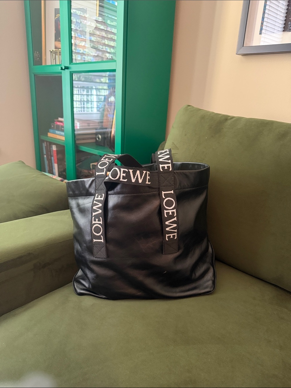 Loewe Black Leather Tote with Logo Webbing Straps